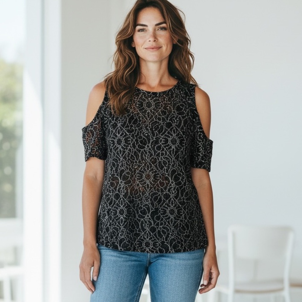 LOFT Black Lace Cold Shoulder Blouse